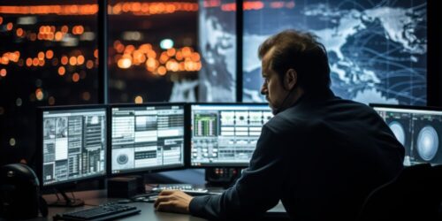 Operator at screens to monitor alarms