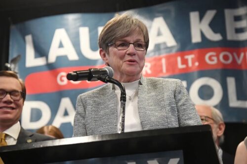 Incumbent Democratic Gov. Laura Kelly addresses the crowd during her watch party at the Ramada Hotel Downtown Topeka on November 8, 2022 in Topeka, Kansas. 