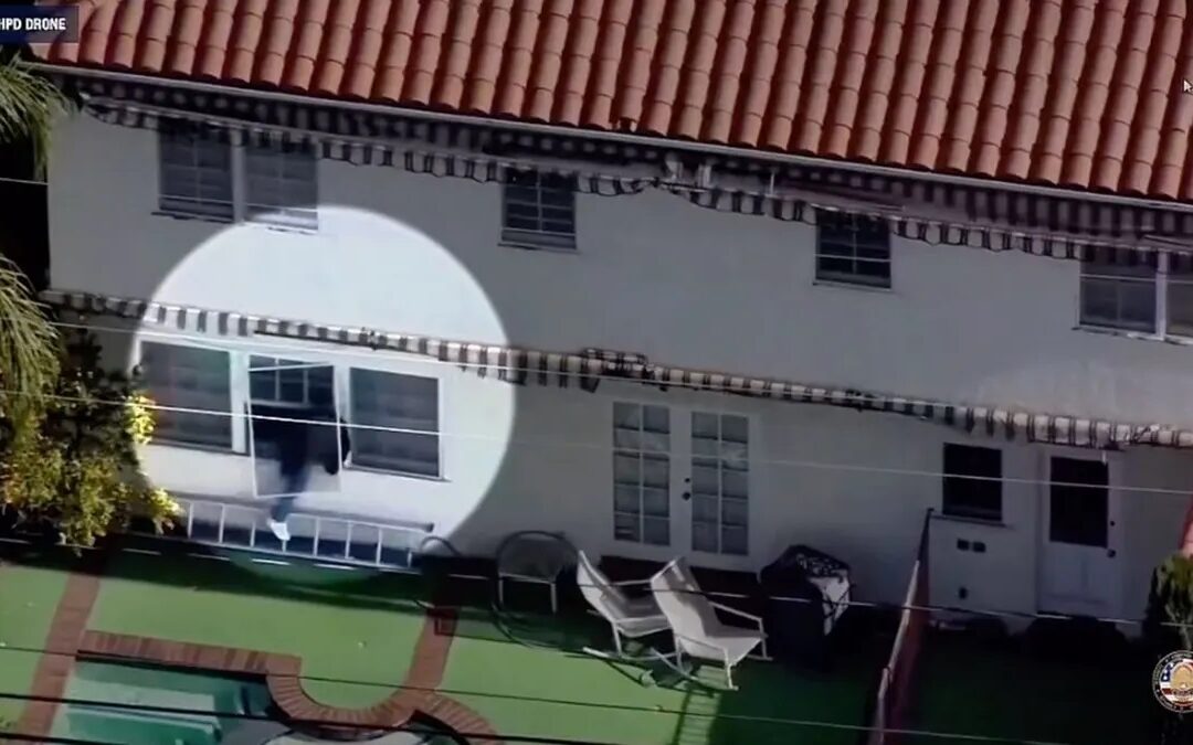 Beverly Hills police drone catches burglary suspect fall off ladder into pool