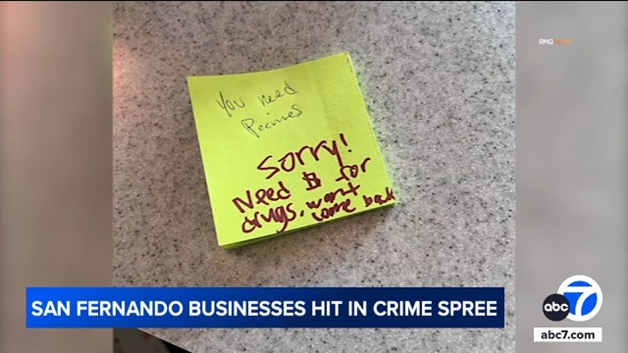 Burglar leaves bizarre apology note at San Fernando business hit in crime spree