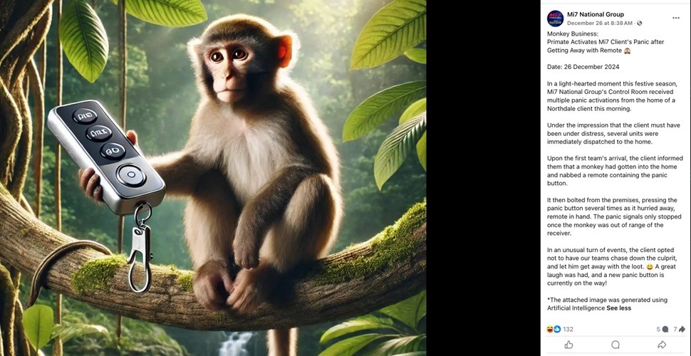 Home panic alarm set off by remote-stealing monkey, security co. says